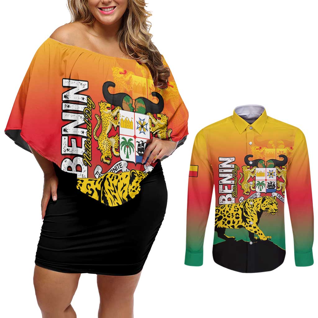 Personalized Benin National Day Couples Matching Off Shoulder Short Dress and Long Sleeve Button Shirt Leopard With Coat Of Arms - Wonder Print Shop