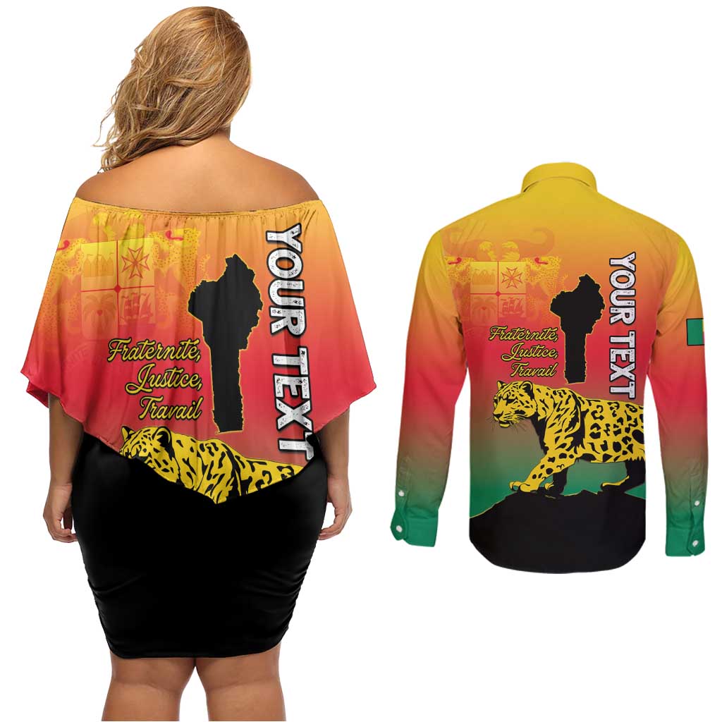 Personalized Benin National Day Couples Matching Off Shoulder Short Dress and Long Sleeve Button Shirt Leopard With Coat Of Arms - Wonder Print Shop