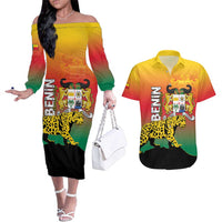 Personalized Benin National Day Couples Matching Off The Shoulder Long Sleeve Dress and Hawaiian Shirt Leopard With Coat Of Arms - Wonder Print Shop
