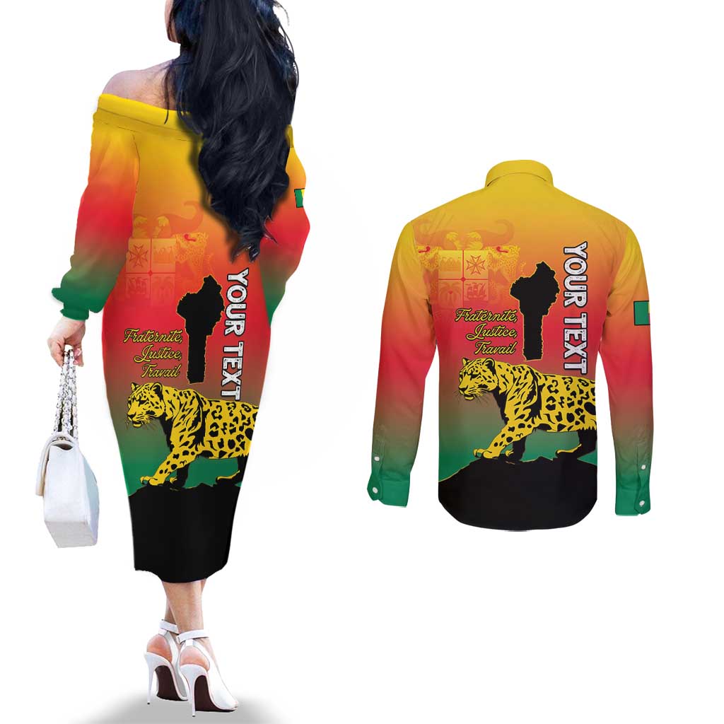 Personalized Benin National Day Couples Matching Off The Shoulder Long Sleeve Dress and Long Sleeve Button Shirt Leopard With Coat Of Arms - Wonder Print Shop