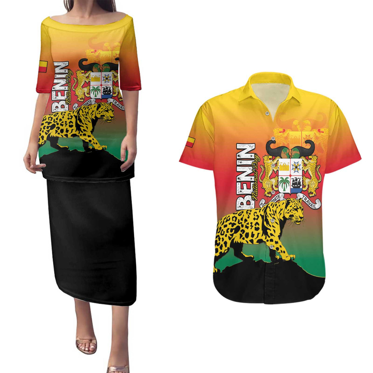 Personalized Benin National Day Couples Matching Puletasi and Hawaiian Shirt Leopard With Coat Of Arms - Wonder Print Shop