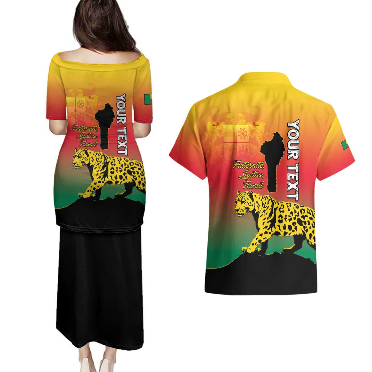 Personalized Benin National Day Couples Matching Puletasi and Hawaiian Shirt Leopard With Coat Of Arms - Wonder Print Shop
