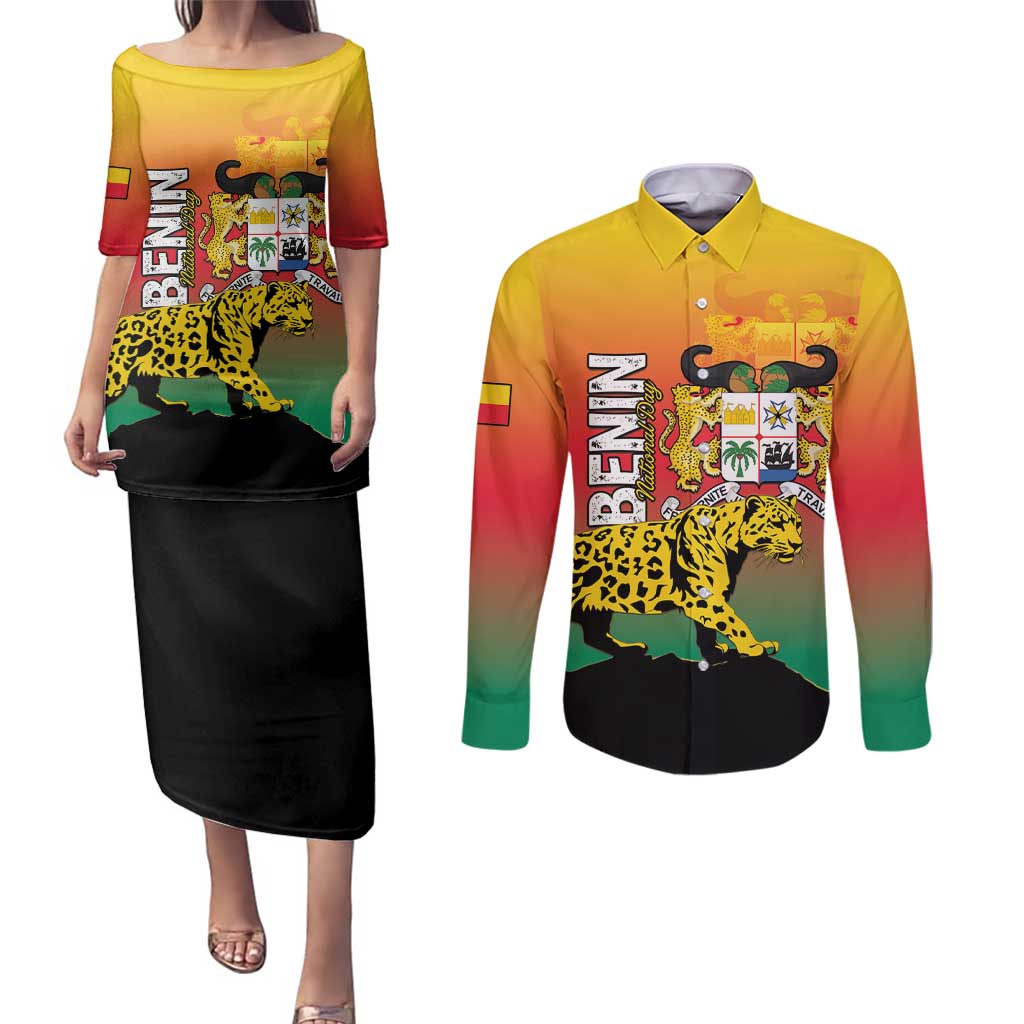 Personalized Benin National Day Couples Matching Puletasi and Long Sleeve Button Shirt Leopard With Coat Of Arms - Wonder Print Shop