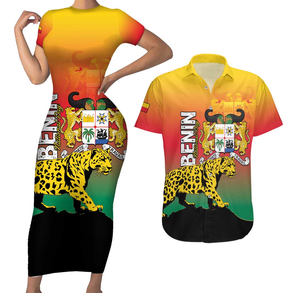 Personalized Benin National Day Couples Matching Short Sleeve Bodycon Dress and Hawaiian Shirt Leopard With Coat Of Arms - Wonder Print Shop