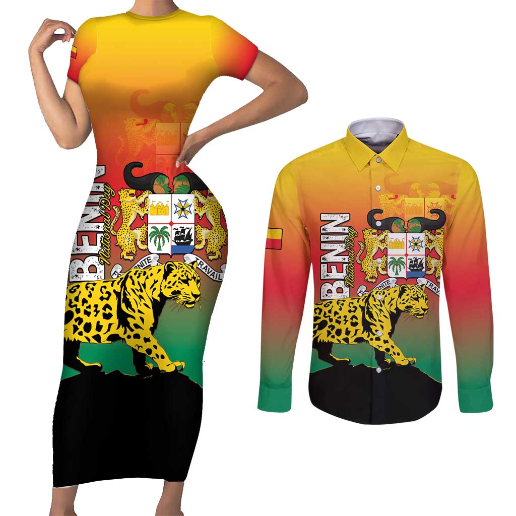 Personalized Benin National Day Couples Matching Short Sleeve Bodycon Dress and Long Sleeve Button Shirt Leopard With Coat Of Arms - Wonder Print Shop