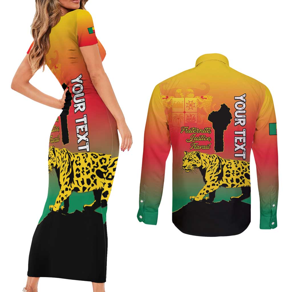 Personalized Benin National Day Couples Matching Short Sleeve Bodycon Dress and Long Sleeve Button Shirt Leopard With Coat Of Arms - Wonder Print Shop