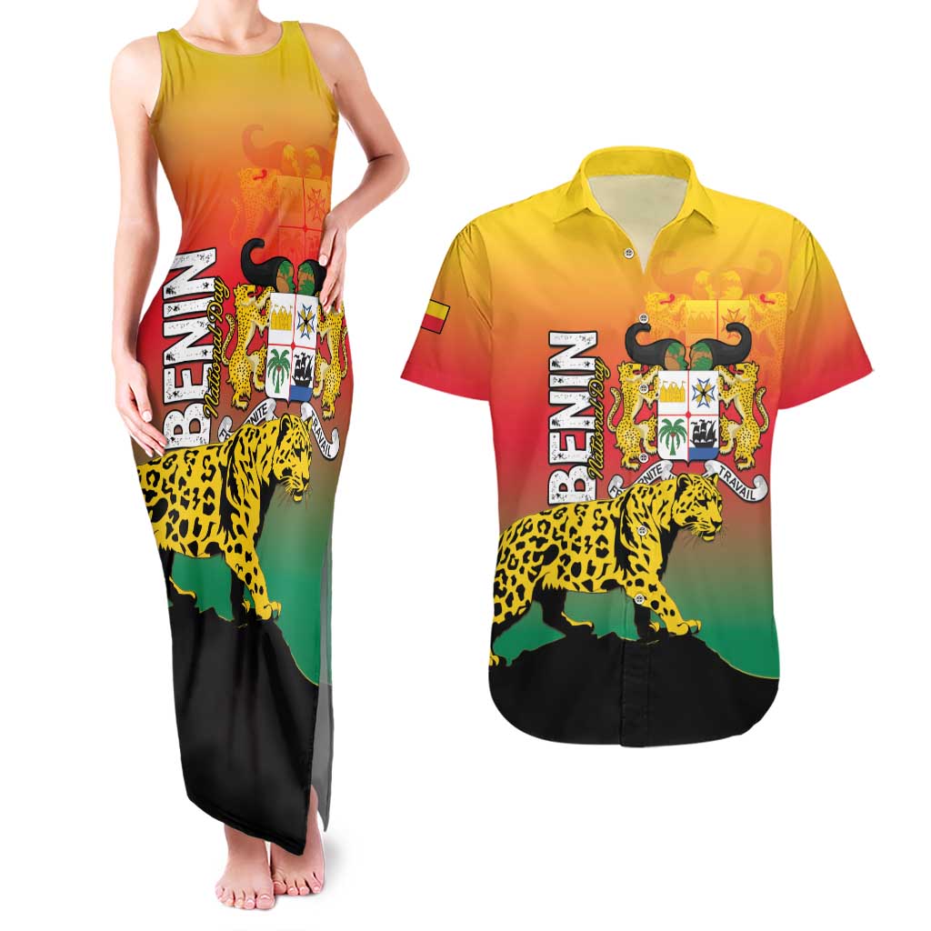 Personalized Benin National Day Couples Matching Tank Maxi Dress and Hawaiian Shirt Leopard With Coat Of Arms - Wonder Print Shop