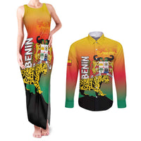 Personalized Benin National Day Couples Matching Tank Maxi Dress and Long Sleeve Button Shirt Leopard With Coat Of Arms - Wonder Print Shop