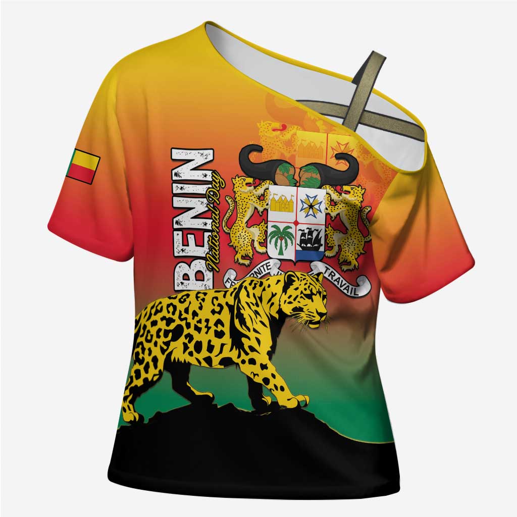 Personalized Benin National Day Cross Shoulder Shirt Leopard With Coat Of Arms - Wonder Print Shop