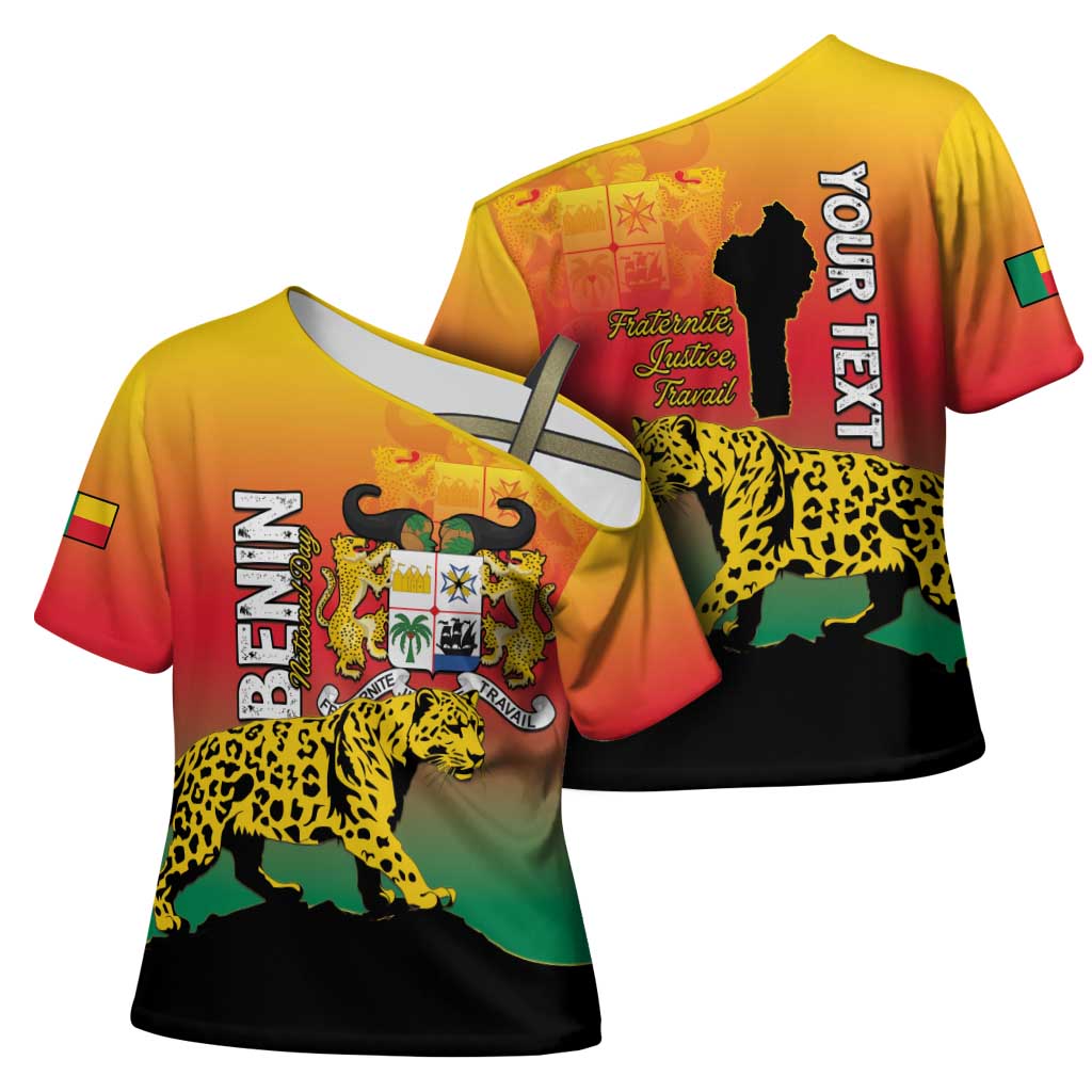 Personalized Benin National Day Cross Shoulder Shirt Leopard With Coat Of Arms - Wonder Print Shop