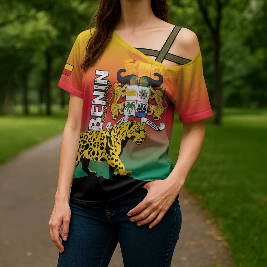 Personalized Benin National Day Cross Shoulder Shirt Leopard With Coat Of Arms - Wonder Print Shop