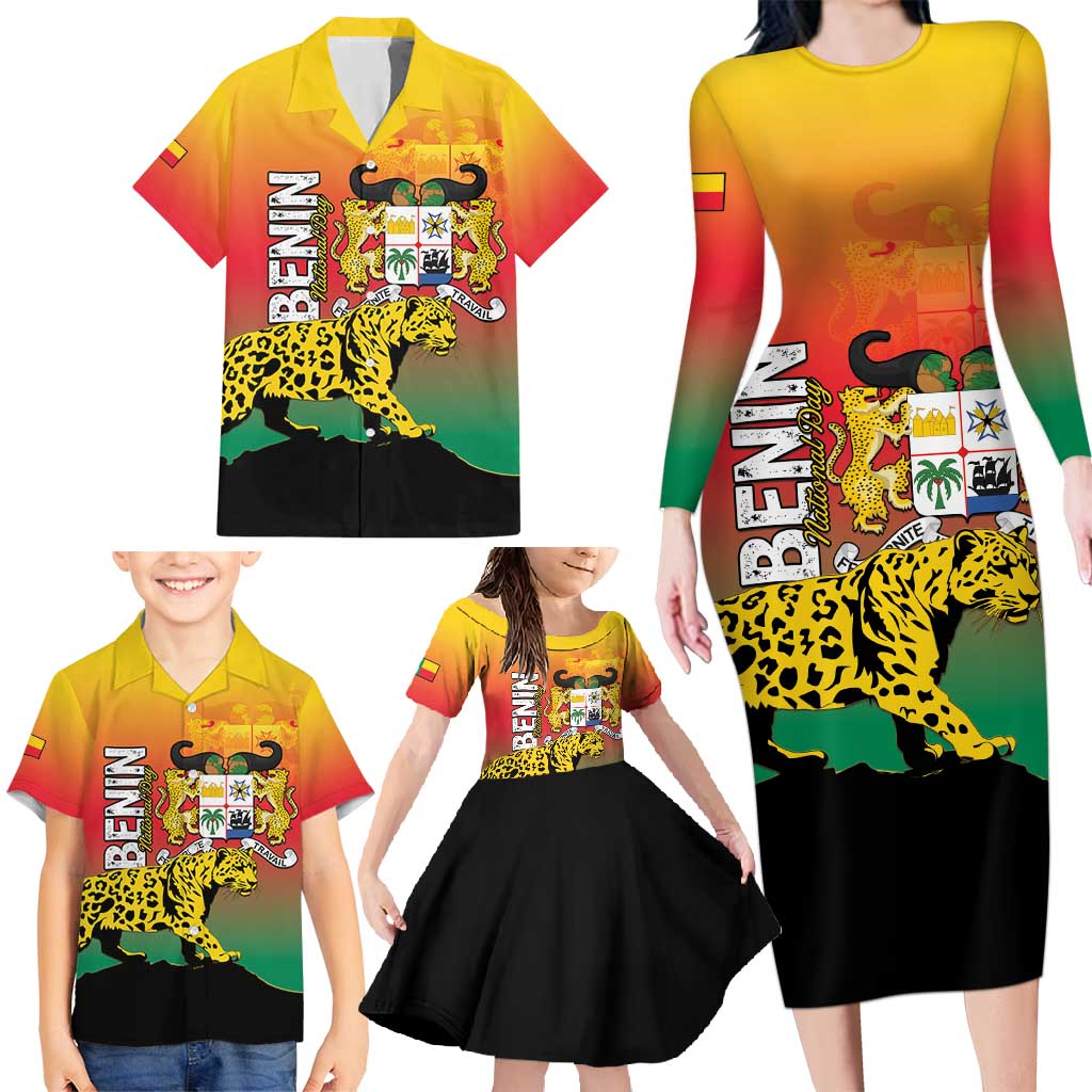 Personalized Benin National Day Family Matching Long Sleeve Bodycon Dress and Hawaiian Shirt Leopard With Coat Of Arms - Wonder Print Shop