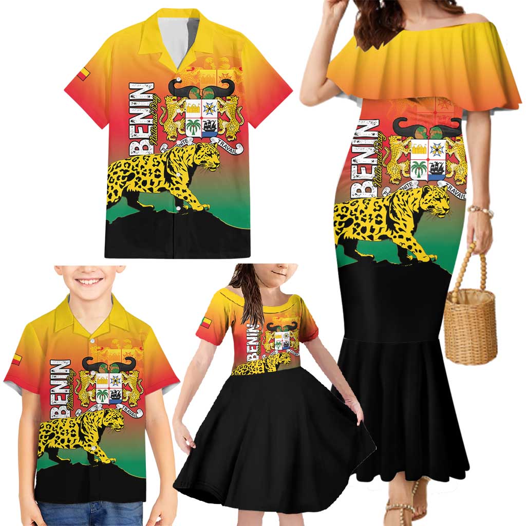 Personalized Benin National Day Family Matching Mermaid Dress and Hawaiian Shirt Leopard With Coat Of Arms - Wonder Print Shop
