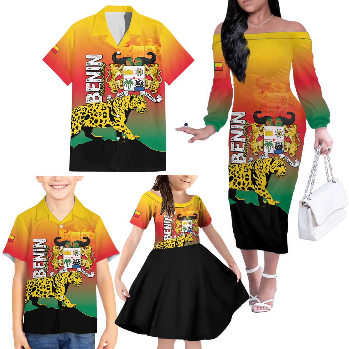 Personalized Benin National Day Family Matching Off The Shoulder Long Sleeve Dress and Hawaiian Shirt Leopard With Coat Of Arms - Wonder Print Shop