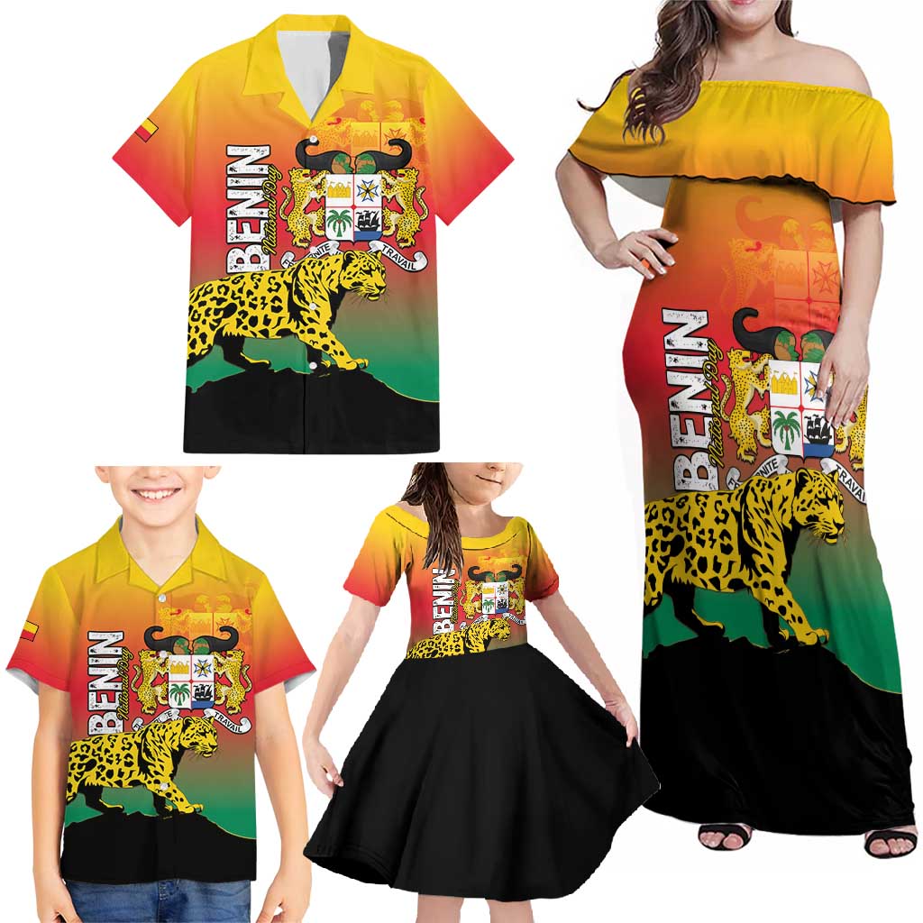 Personalized Benin National Day Family Matching Off Shoulder Maxi Dress and Hawaiian Shirt Leopard With Coat Of Arms - Wonder Print Shop