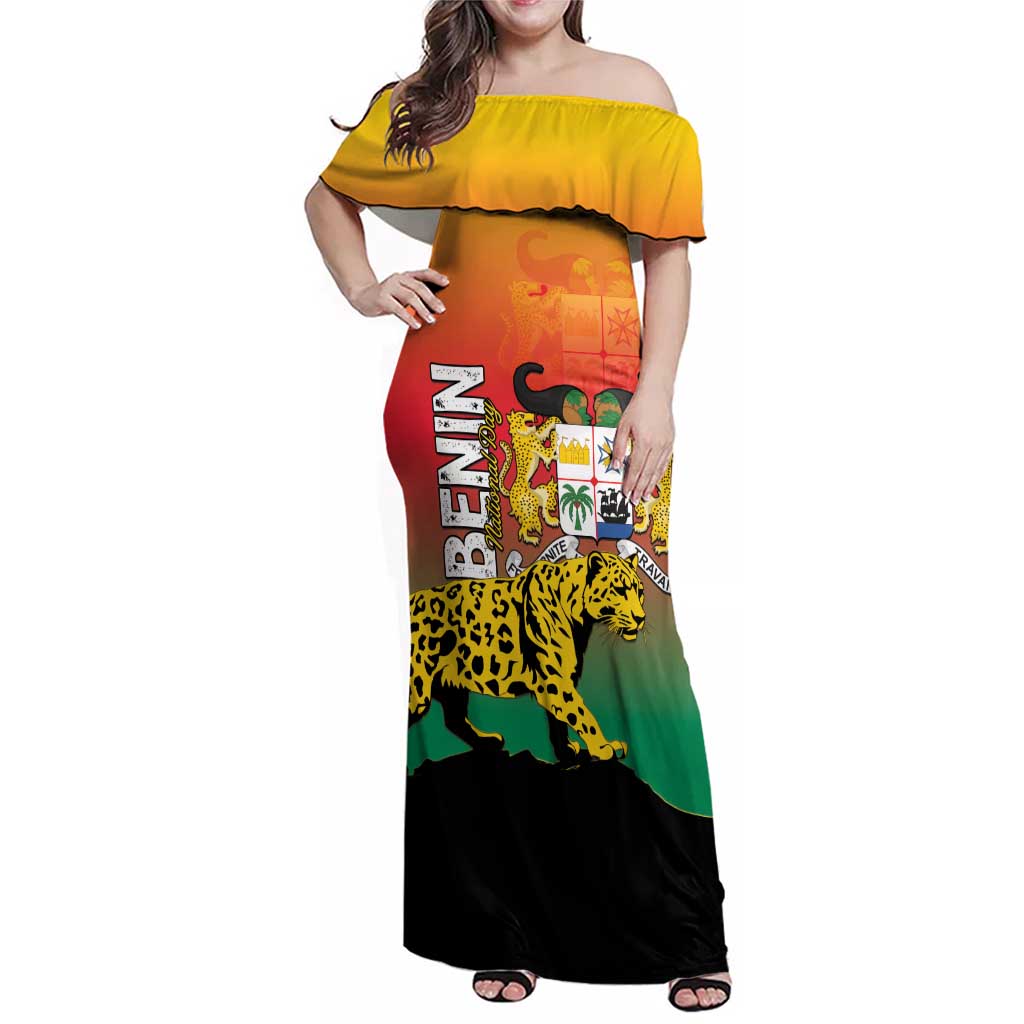 Personalized Benin National Day Family Matching Off Shoulder Maxi Dress and Hawaiian Shirt Leopard With Coat Of Arms - Wonder Print Shop
