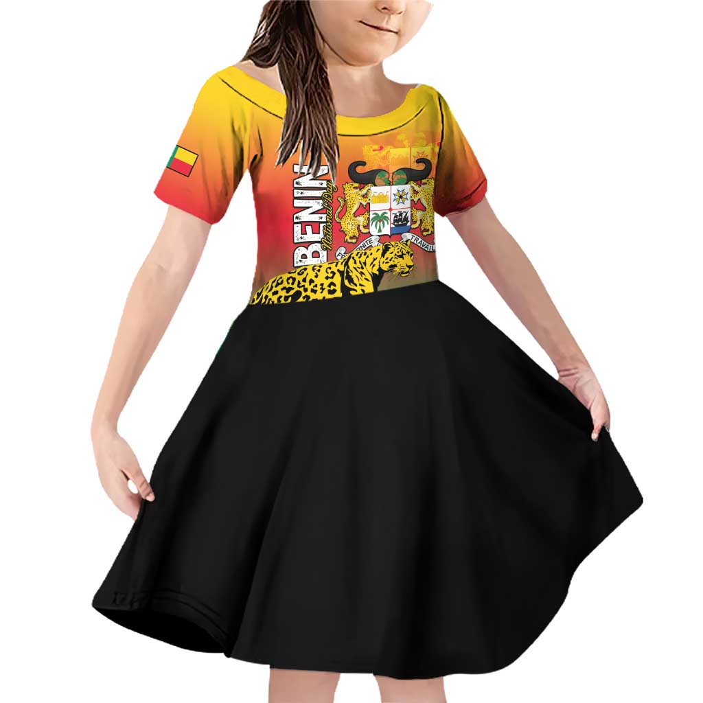 Personalized Benin National Day Family Matching Off Shoulder Short Dress and Hawaiian Shirt Leopard With Coat Of Arms - Wonder Print Shop