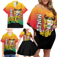 Personalized Benin National Day Family Matching Off Shoulder Short Dress and Hawaiian Shirt Leopard With Coat Of Arms - Wonder Print Shop