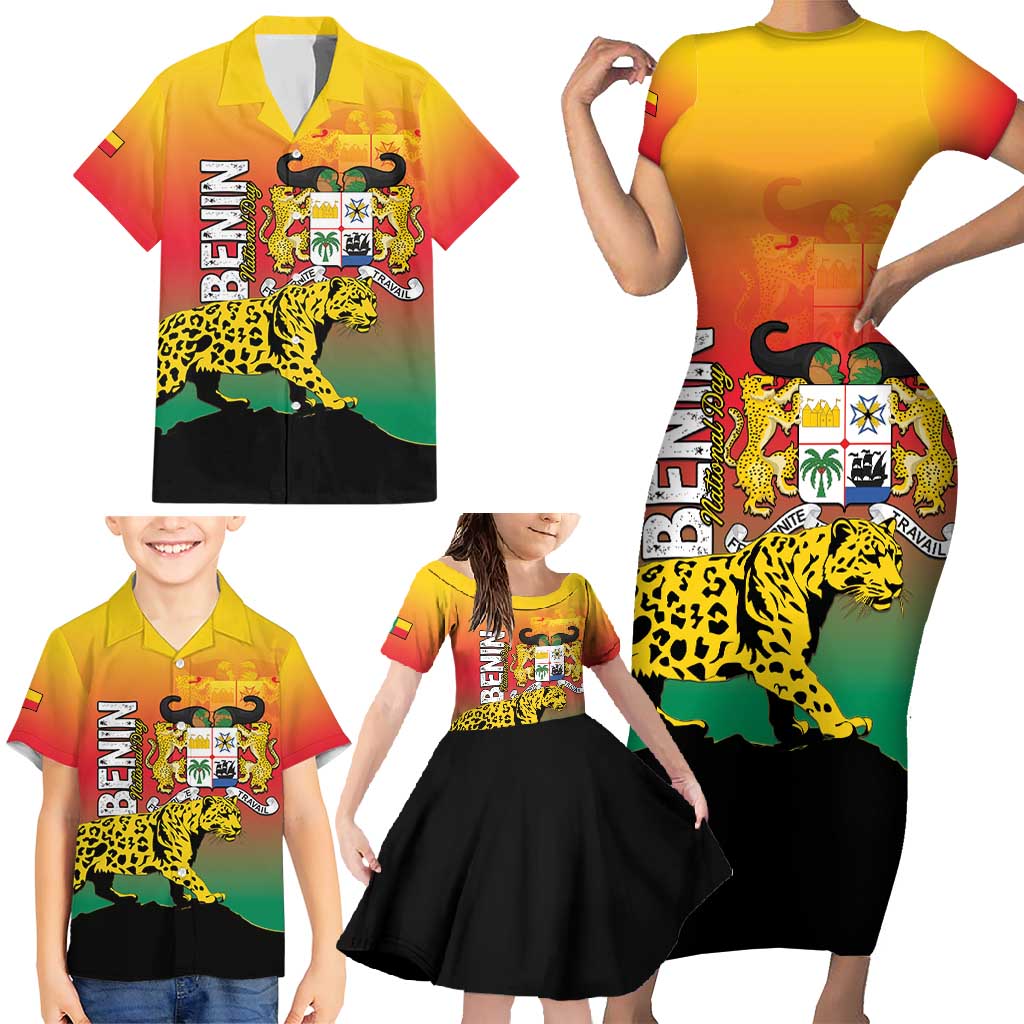 Personalized Benin National Day Family Matching Short Sleeve Bodycon Dress and Hawaiian Shirt Leopard With Coat Of Arms - Wonder Print Shop