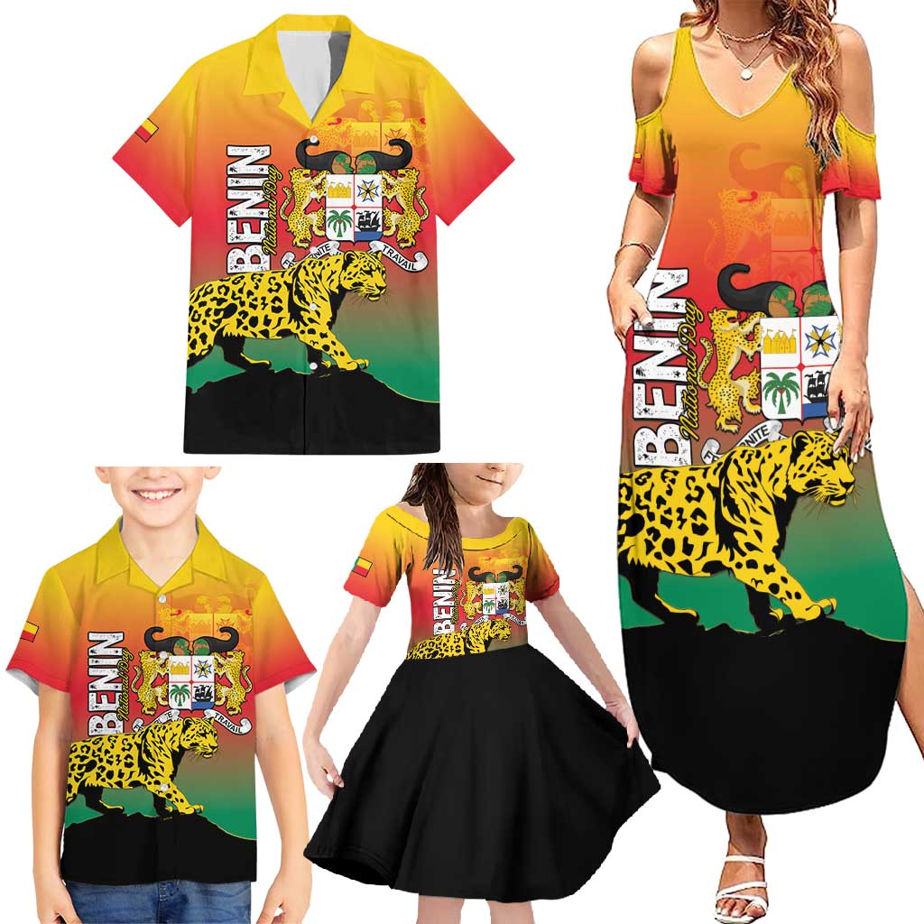 Personalized Benin National Day Family Matching Summer Maxi Dress and Hawaiian Shirt Leopard With Coat Of Arms - Wonder Print Shop