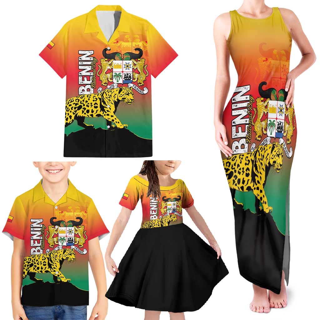Personalized Benin National Day Family Matching Tank Maxi Dress and Hawaiian Shirt Leopard With Coat Of Arms - Wonder Print Shop