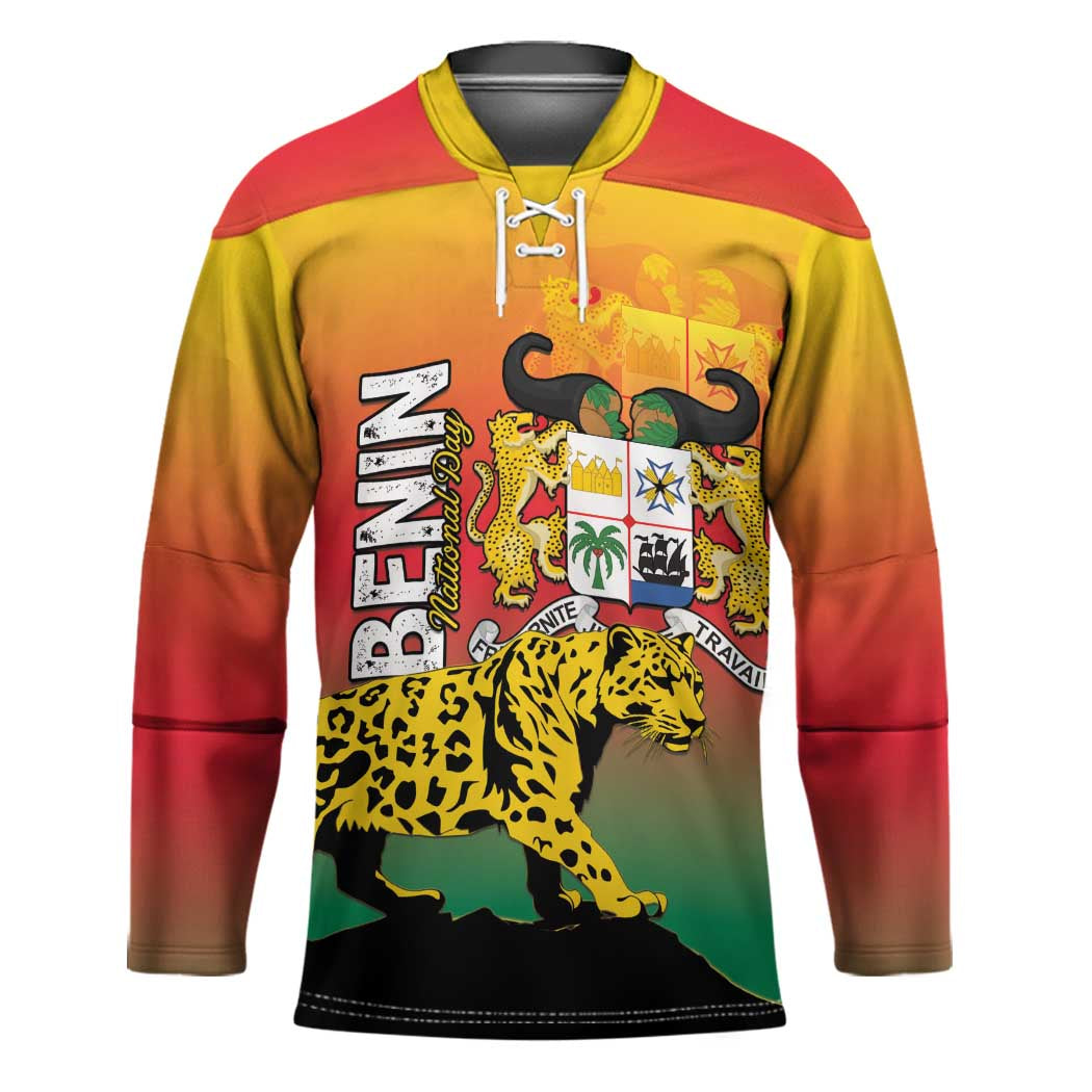 Personalized Benin National Day Hockey Jersey Leopard With Coat Of Arms - Wonder Print Shop