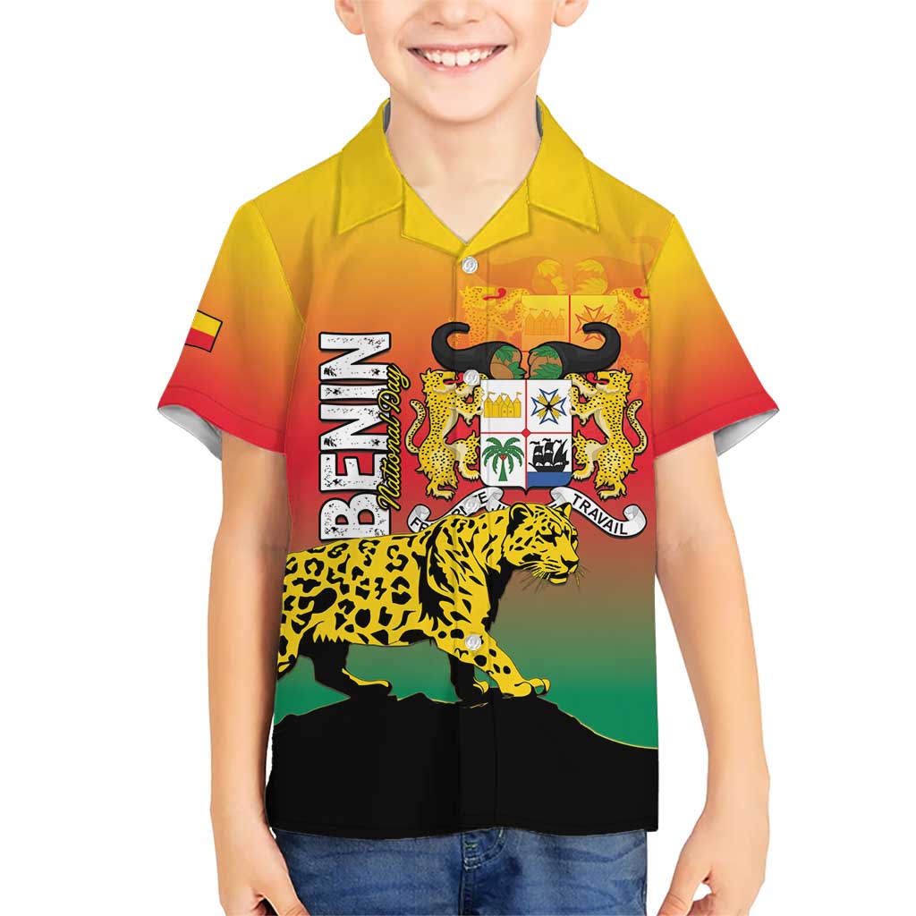 Personalized Benin National Day Kid Hawaiian Shirt Leopard With Coat Of Arms - Wonder Print Shop