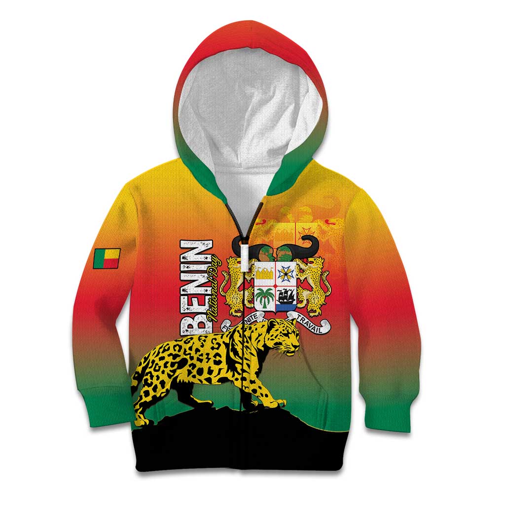 Personalized Benin National Day Kid Hoodie Leopard With Coat Of Arms - Wonder Print Shop