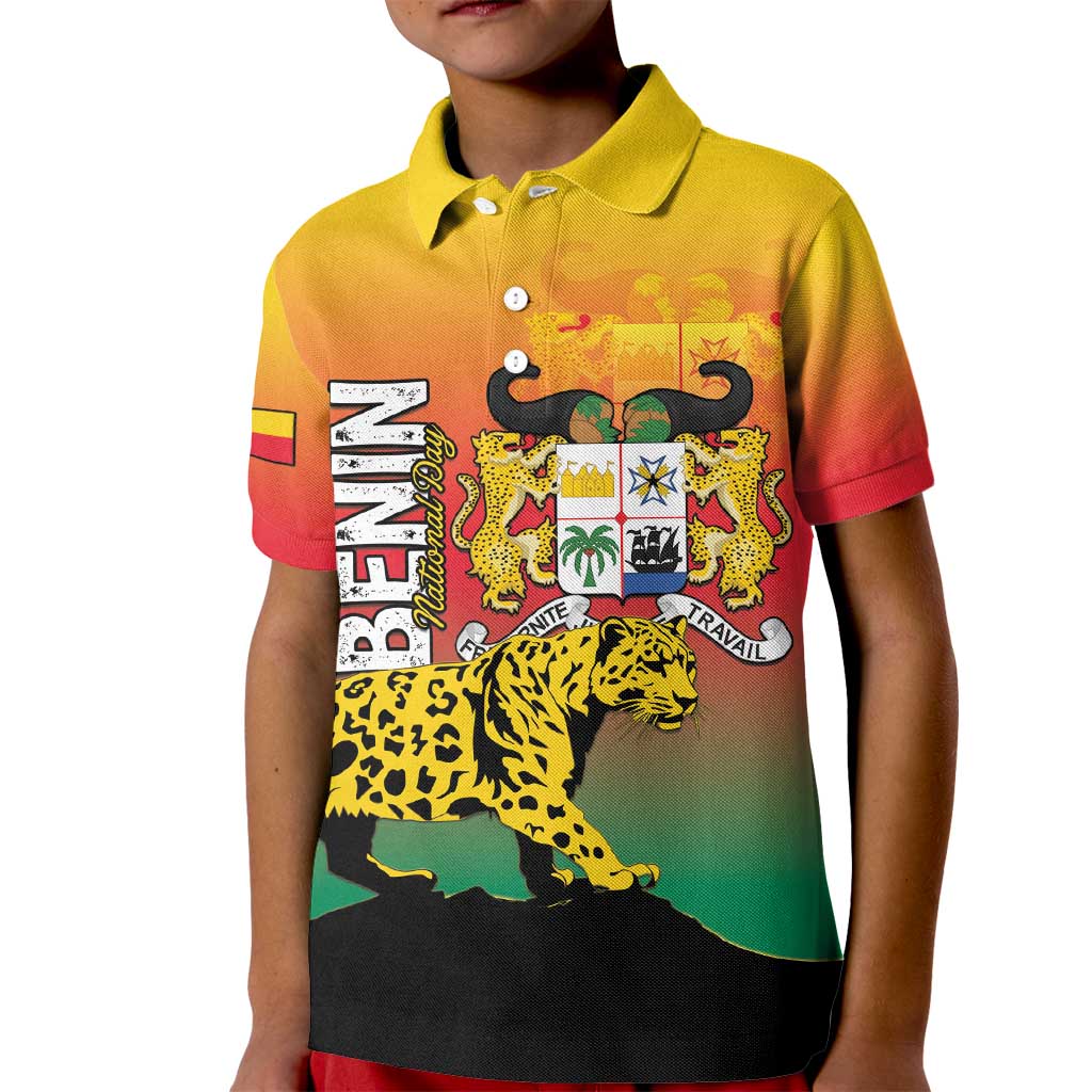 Personalized Benin National Day Kid Polo Shirt Leopard With Coat Of Arms - Wonder Print Shop