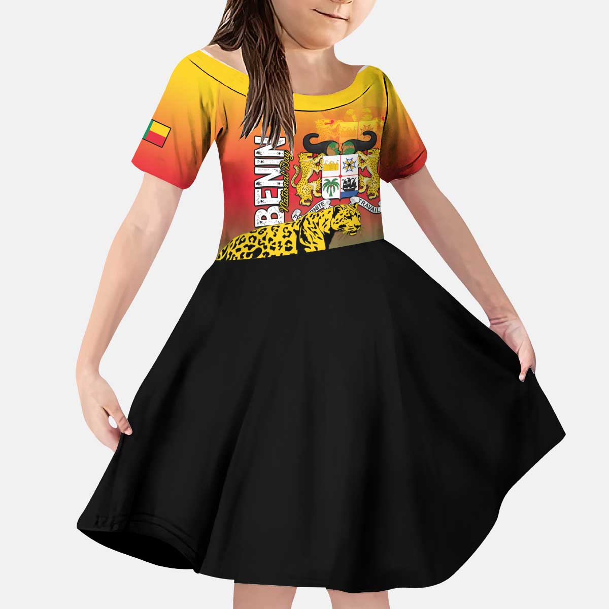 Personalized Benin National Day Kid Short Sleeve Dress Leopard With Coat Of Arms - Wonder Print Shop