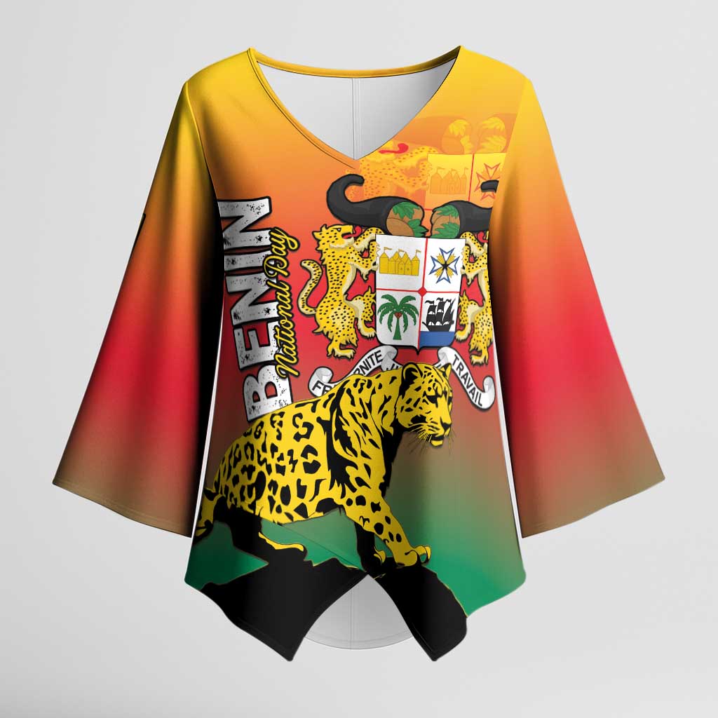 Personalized Benin National Day Kimono Sleeve Blouse Leopard With Coat Of Arms - Wonder Print Shop