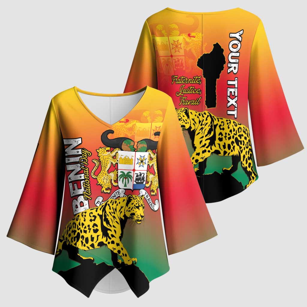 Personalized Benin National Day Kimono Sleeve Blouse Leopard With Coat Of Arms - Wonder Print Shop