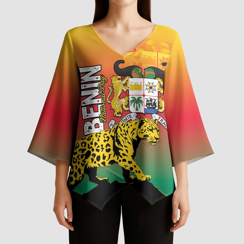 Personalized Benin National Day Kimono Sleeve Blouse Leopard With Coat Of Arms - Wonder Print Shop