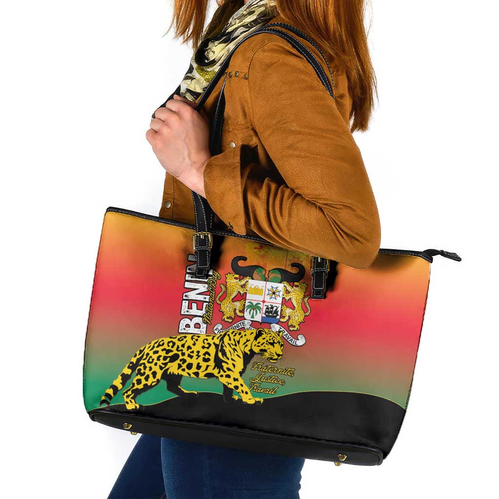 Benin National Day Leather Tote Bag Leopard With Coat Of Arms - Wonder Print Shop
