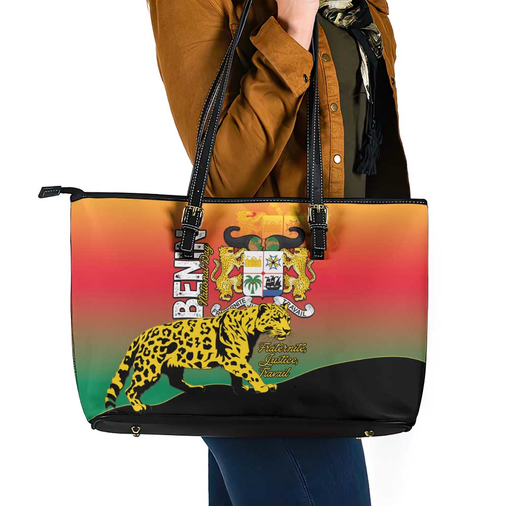 Benin National Day Leather Tote Bag Leopard With Coat Of Arms - Wonder Print Shop