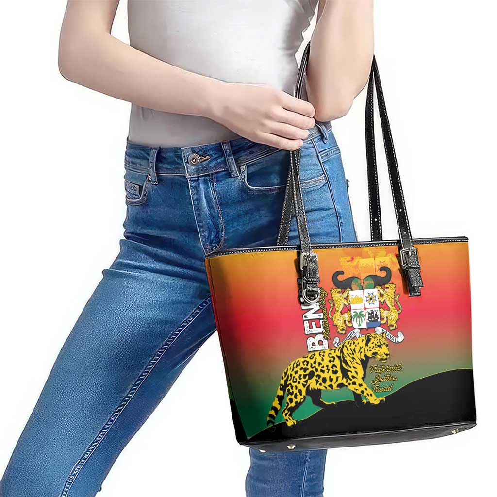Benin National Day Leather Tote Bag Leopard With Coat Of Arms - Wonder Print Shop