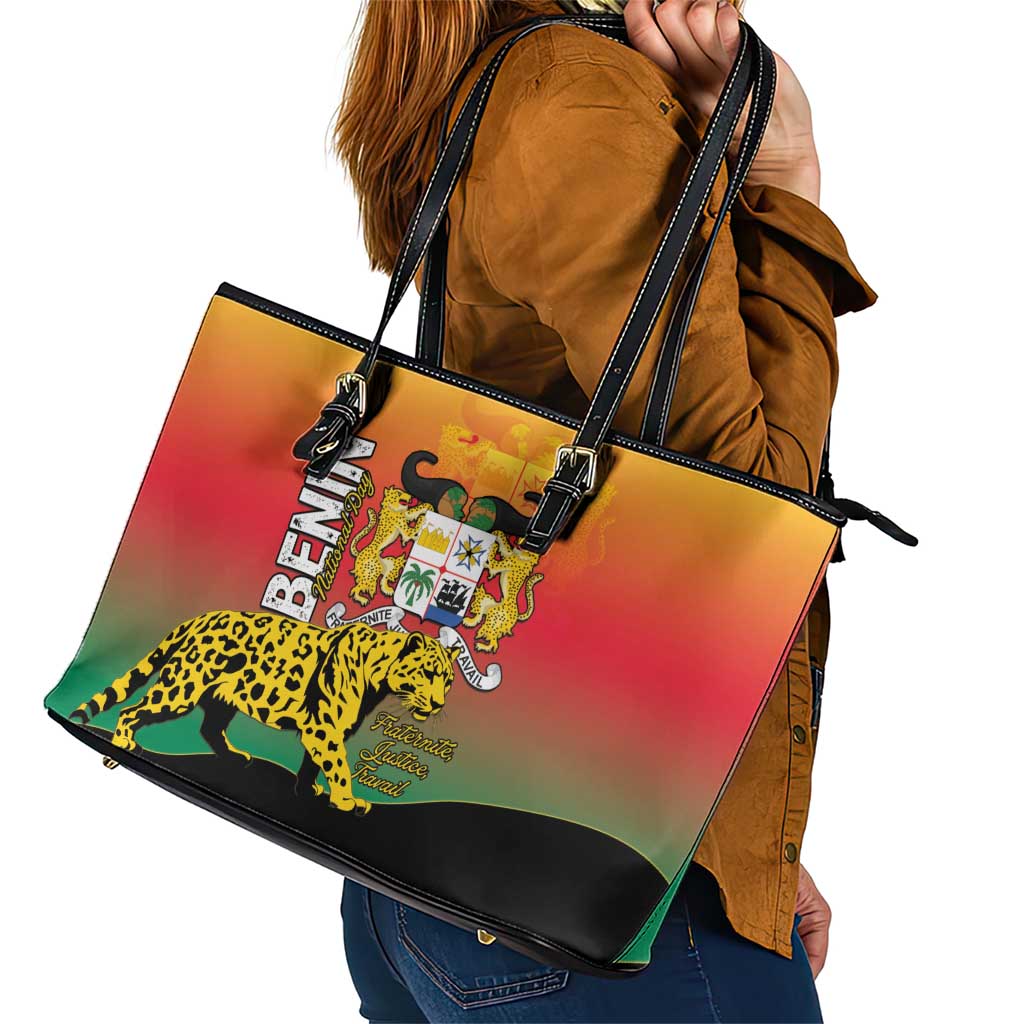 Benin National Day Leather Tote Bag Leopard With Coat Of Arms - Wonder Print Shop