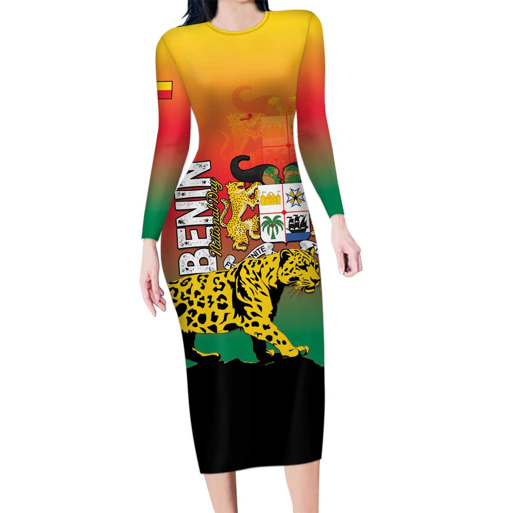 Personalized Benin National Day Long Sleeve Bodycon Dress Leopard With Coat Of Arms - Wonder Print Shop