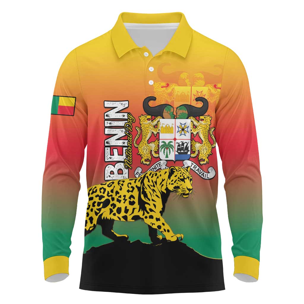 Personalized Benin National Day Long Sleeve Polo Shirt Leopard With Coat Of Arms - Wonder Print Shop