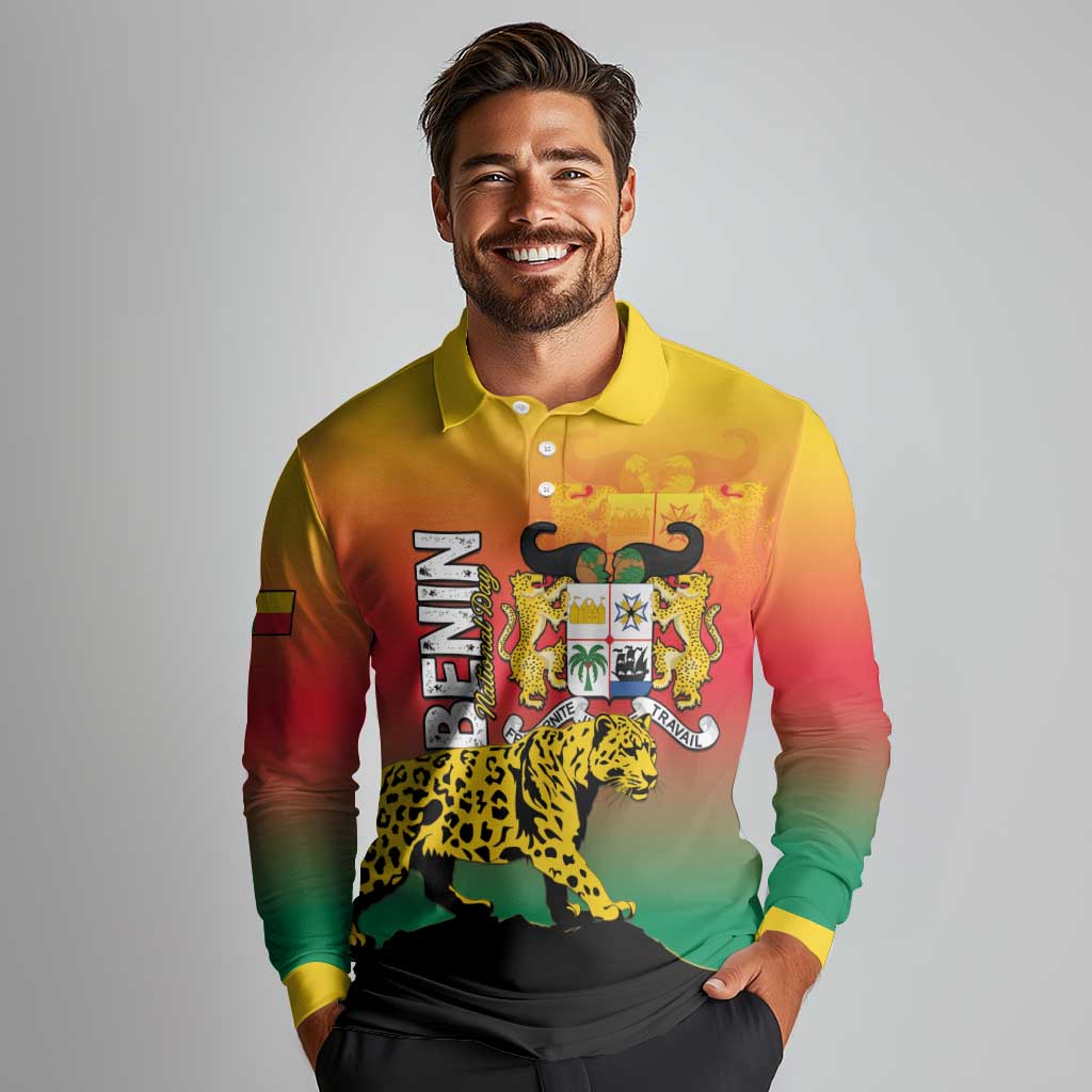Personalized Benin National Day Long Sleeve Polo Shirt Leopard With Coat Of Arms - Wonder Print Shop