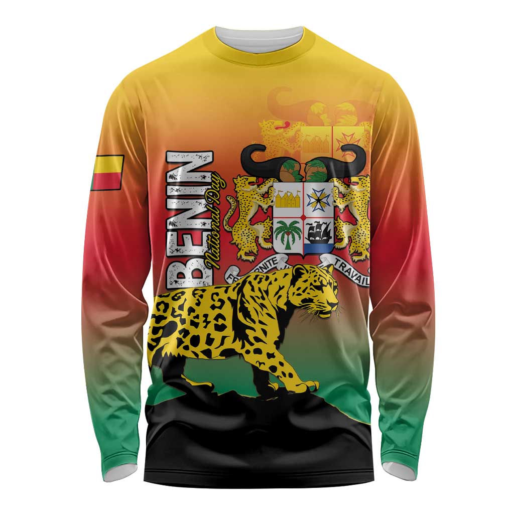 Personalized Benin National Day Long Sleeve Shirt Leopard With Coat Of Arms - Wonder Print Shop