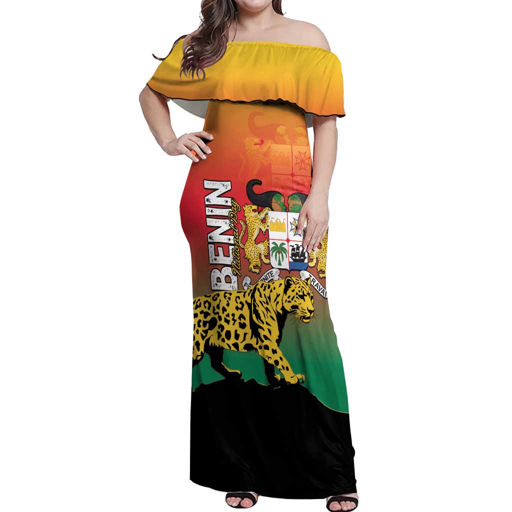 Personalized Benin National Day Off Shoulder Maxi Dress Leopard With Coat Of Arms - Wonder Print Shop