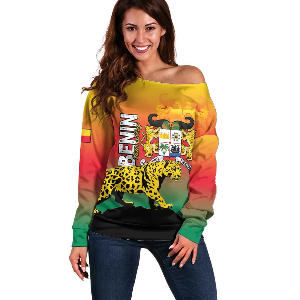 Personalized Benin National Day Off Shoulder Sweater Leopard With Coat Of Arms - Wonder Print Shop