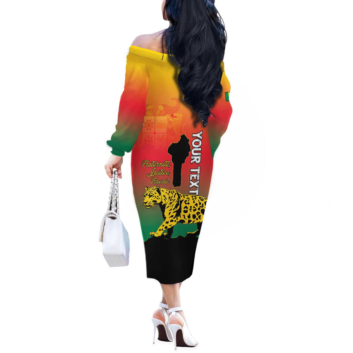 Personalized Benin National Day Off The Shoulder Long Sleeve Dress Leopard With Coat Of Arms - Wonder Print Shop