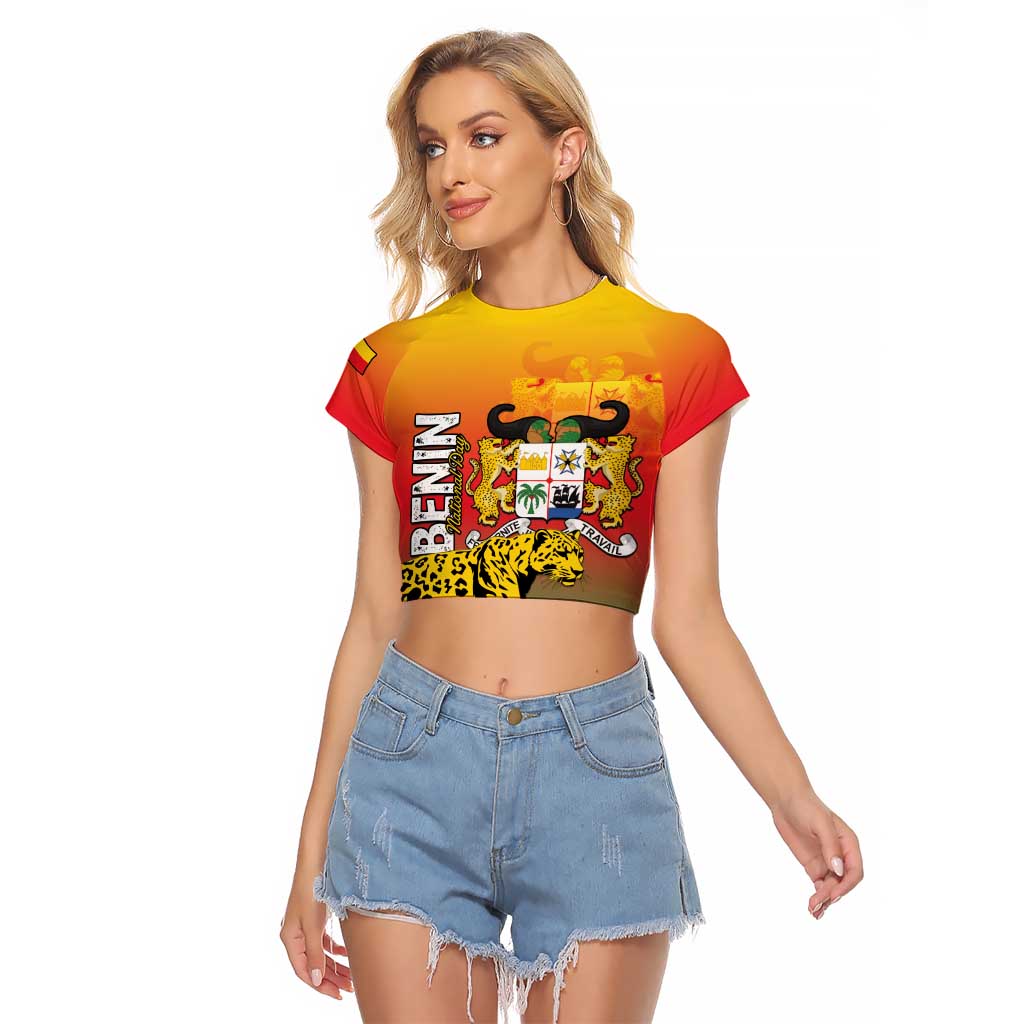 Personalized Benin National Day Raglan Cropped T Shirt Leopard With Coat Of Arms - Wonder Print Shop