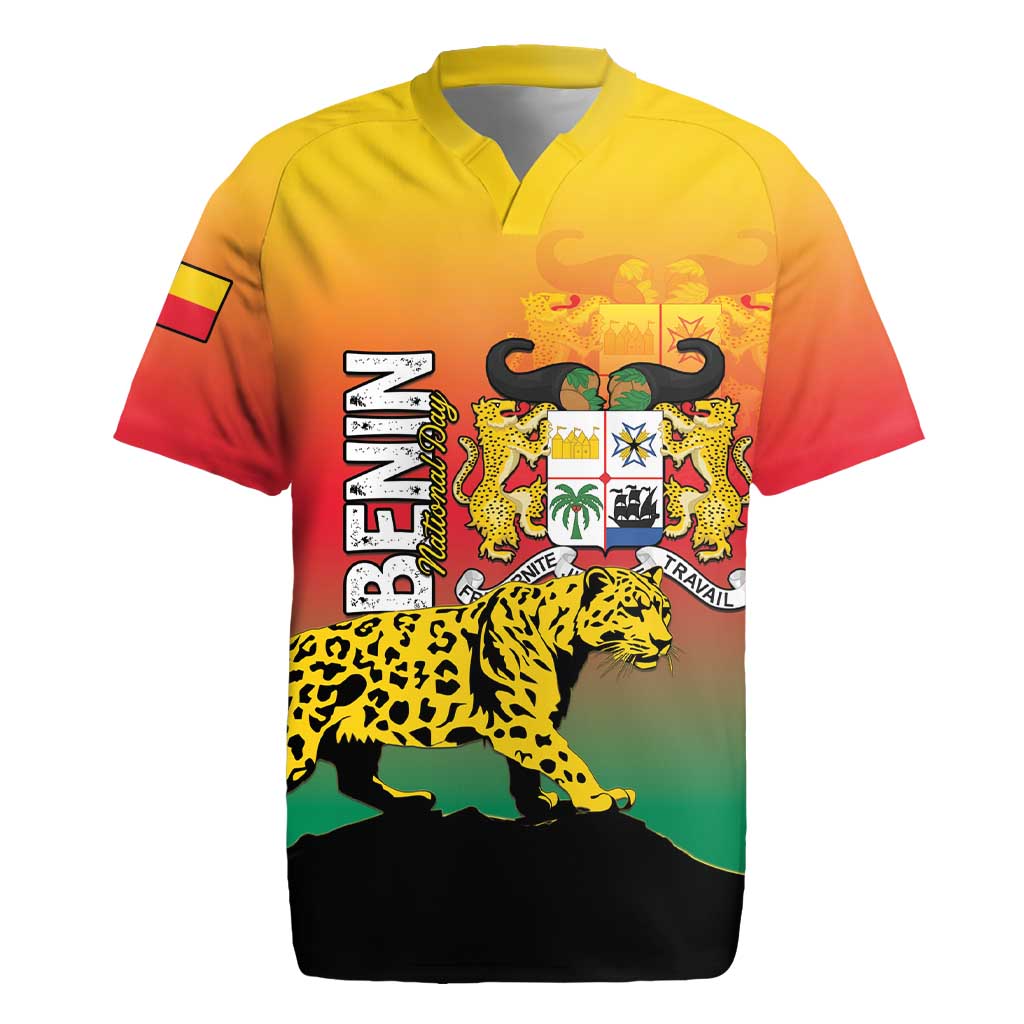 Personalized Benin National Day Rugby Jersey Leopard With Coat Of Arms - Wonder Print Shop