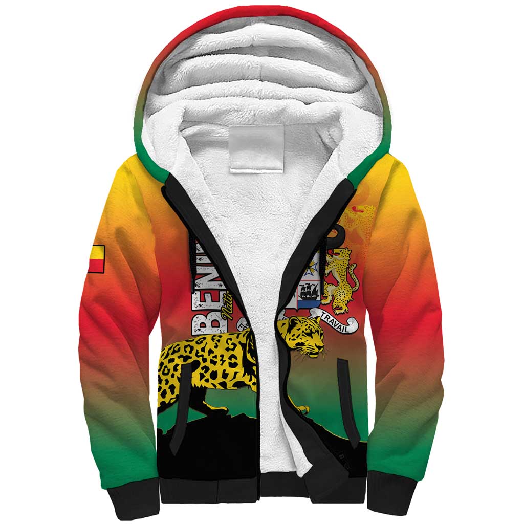 Personalized Benin National Day Sherpa Hoodie Leopard With Coat Of Arms - Wonder Print Shop