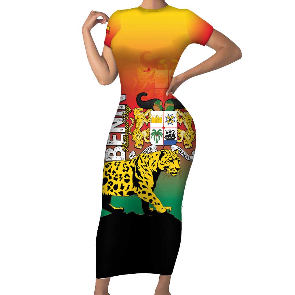 Personalized Benin National Day Short Sleeve Bodycon Dress Leopard With Coat Of Arms - Wonder Print Shop