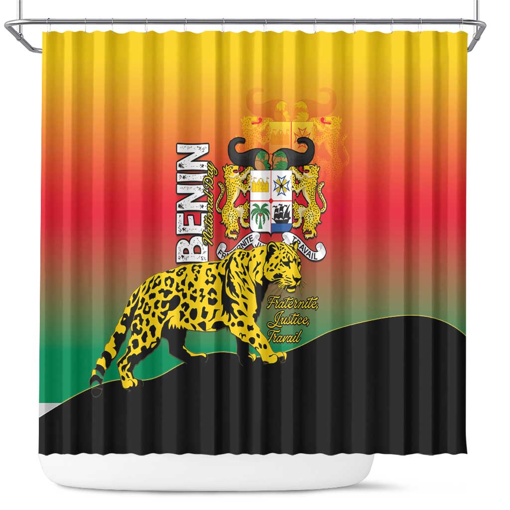 Benin National Day Shower Curtain Leopard With Coat Of Arms - Wonder Print Shop