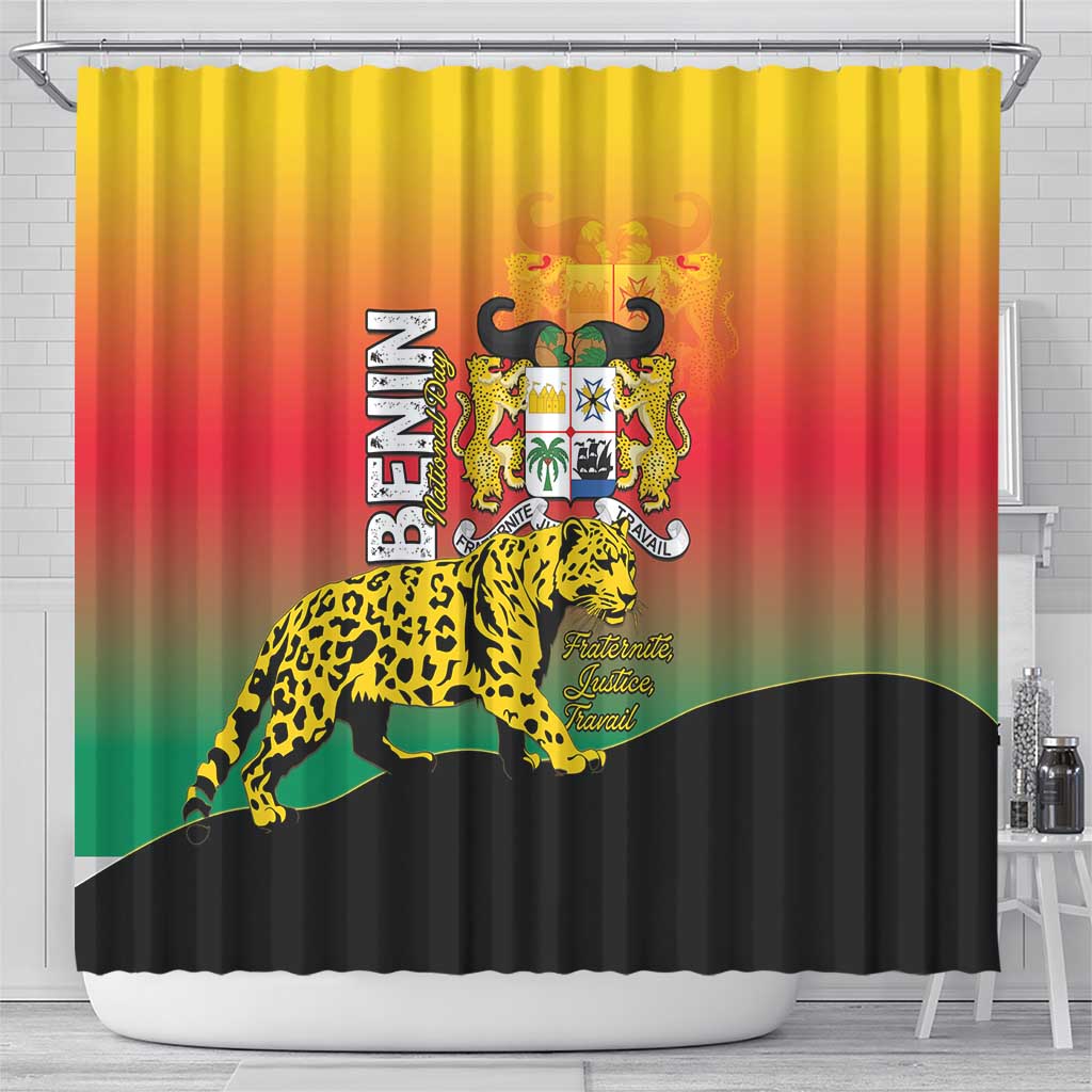 Benin National Day Shower Curtain Leopard With Coat Of Arms - Wonder Print Shop
